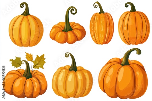 Orange Pumpkin Set Isolated on White Background. Multiple Pumpkin Jack-o-Lanterns Halloween Concept. Autumn Harvest Clip Art. Pumpkins with Clipping Path. Fall Season Decoration Design.