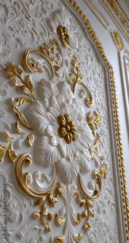 Obraz premium Ornate white wall panel with gold accents, intricate floral design