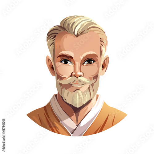 Illustration of a blond bearded man portrait wearing a tunic on a black background