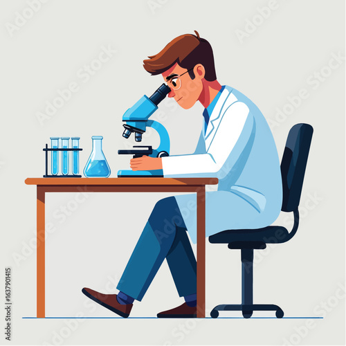 Male researcher using a microscope for scientific discovery. Vector illustration.