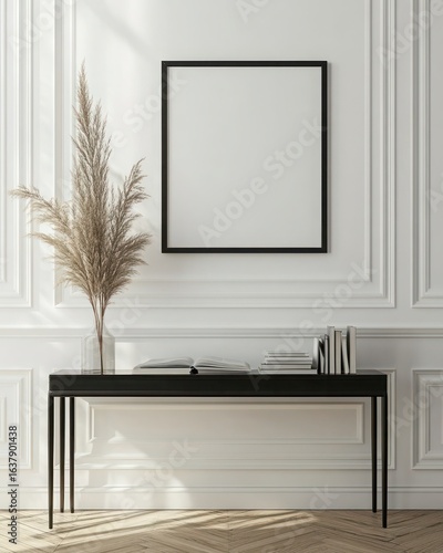 Elegant Minimalist Living Room with Console Table and Blank Frame on Wall, Modern Home Decor Inspiration, Stylish Interior Design Ideas
