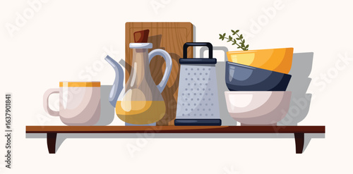 Rustic wooden shelves display assorted ceramic and wooden kitchenware. Grater, jug with olive oil, cutting board and plates on wooden shelf.