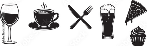 Minimalist Food and Beverage Silhouette Icons – Black and White Restaurant, Cafe & Culinary Vector Set