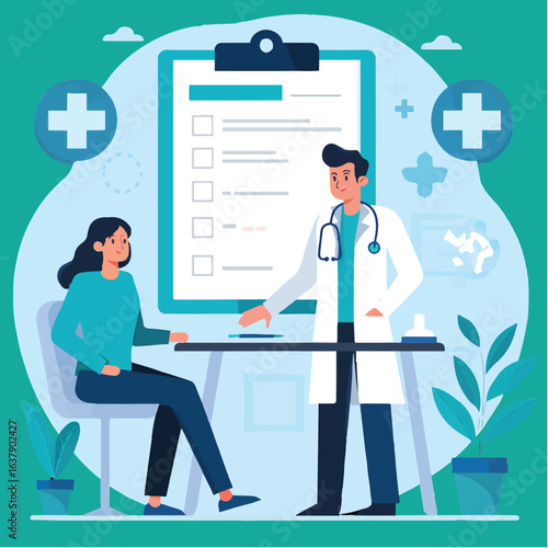 Doctor discussing medical checklist with a female patient in a clinic setting