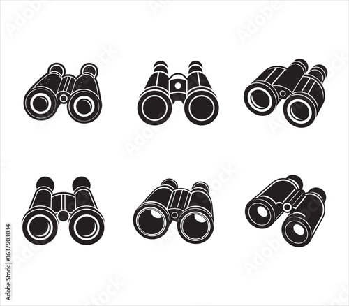 Binocular Icon Collection Vector Illustration with Optics in Black and White for Exploration and Surveillance Imagery
