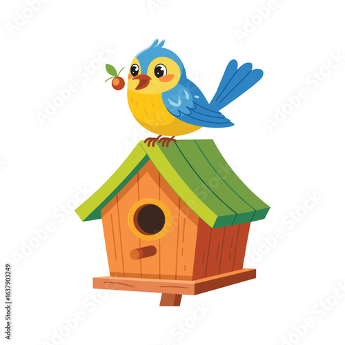 Cute colorful bird holding berry sitting on wooden birdhouse with green roof, charming nature and wildlife illustration isolated on white background for decoration.