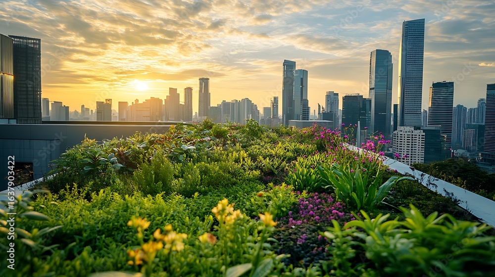 Fototapeta premium Green Roof with City Skyline View at Sunset - Sustainable Architecture