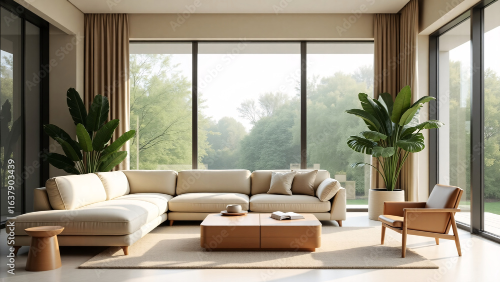 Fototapeta premium A modern living room with a beige L shaped sofa, wooden coffee table, armchair, and large plants, featuring floor to ceiling windows showing a green outdoor view.
