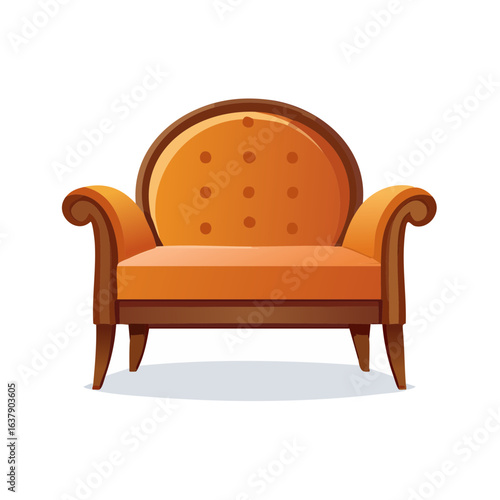 Elegant orange upholstered armchair illustration Brown wood trim interior design element Comfortable seating living room furniture drawing