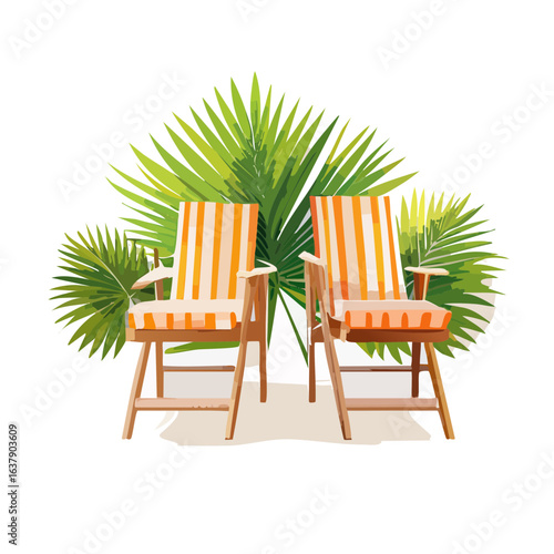 Tropical getaway with wooden chairs and palm fronds evoking a relaxed vacation illustration
