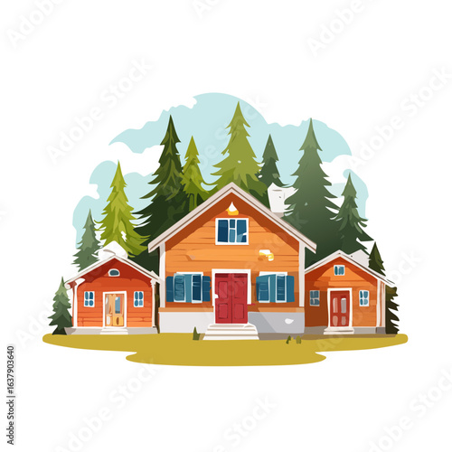 Cozy cartoon wooden lodge nestled among tall evergreens in tranquil mountain woodland area. Vacation destination for families.