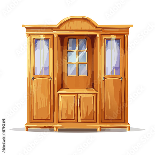 Vintage Wooden Cabinet With Glass Doors and Window Decorative Interior Furniture Cartoon Style