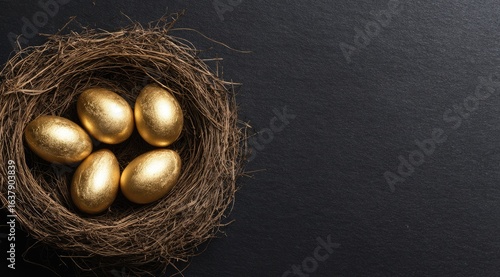Golden eggs in a nest on dark surface