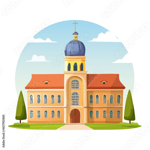 Illustration of a church or monastery with dome and cross facade vector design architecture building religion