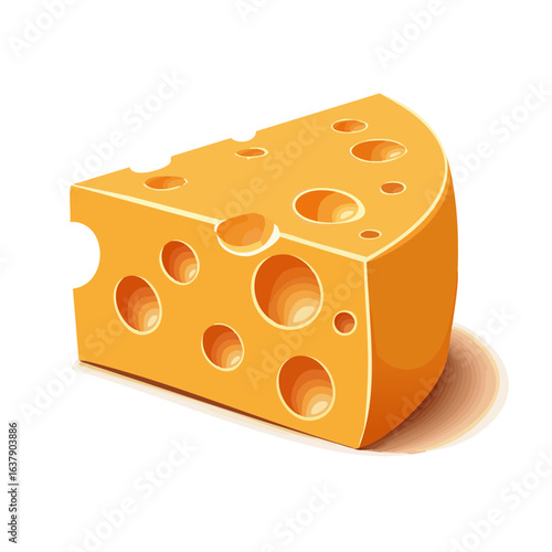 Cartoon wedge of Swiss cheese on white plate against dark backdrop, showcasing dairy food icon, cheddar illustration.