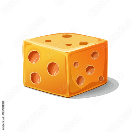 Cartoon style block of cheese with holes, yellow and orange food illustration on black background.