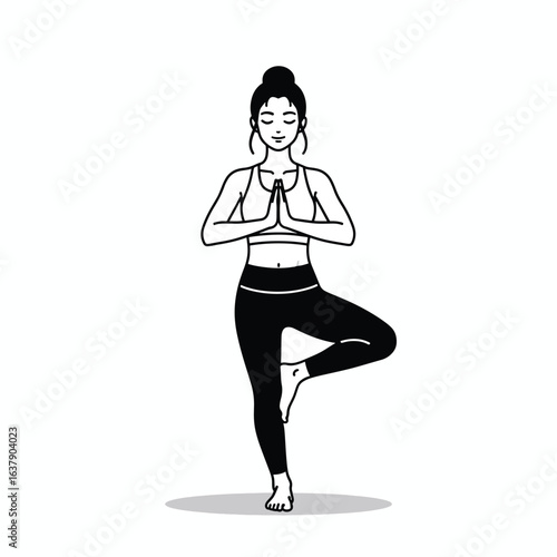 Minimalist line art of a serene woman in yoga Tree Pose with closed eyes and hands in prayer.