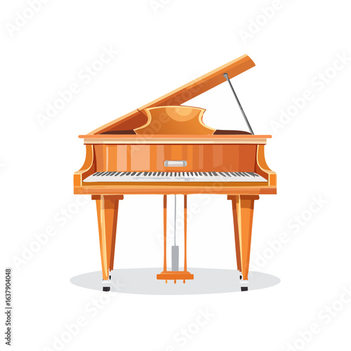 Grand piano illustration with open lid, pedals, and light wood finish, musical instrument for piano lessons and recitals
