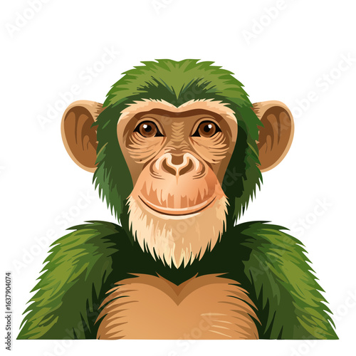Cartoon chimpanzee portrait on black background, featuring a smiling green ape in detailed vector illustration.