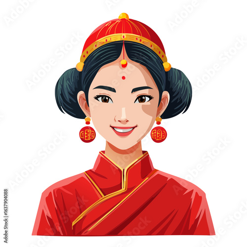 Smiling Woman Portrait in Traditional Red Chinese Attire Ornamented Headdress and Earrings