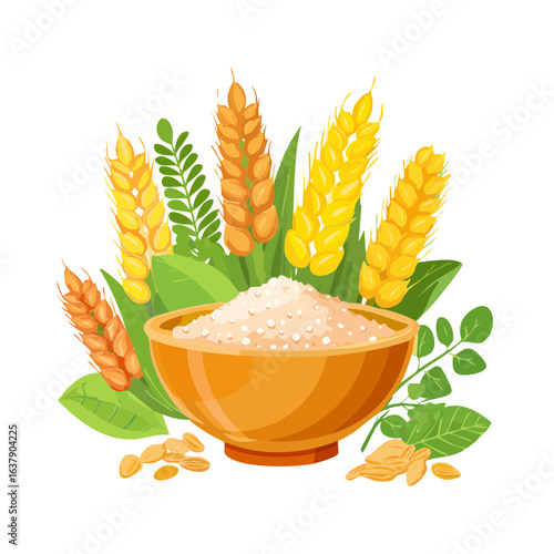 Cereal grains and oatmeal in a bowl with plant leaves on a black background