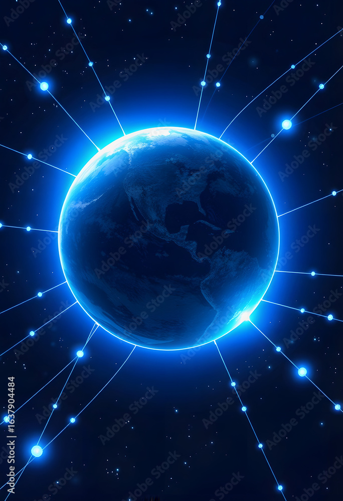 Obraz premium The planet in space with network connections lines and blue glow, pixel art, with white tones