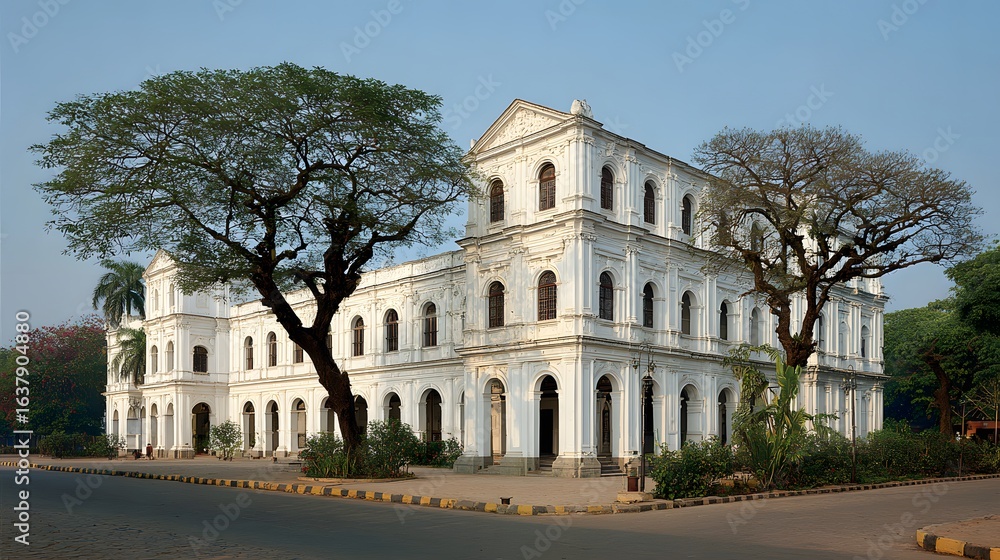Naklejka premium A large, white colonial building stands on a city street.