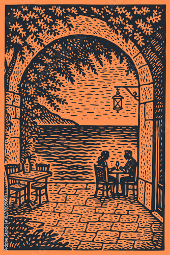 A romantic couple dines on a seaside terrace under a stone arch. Mediterranean landscape with the sea in a vintage hand-drawn woodcut or linocut style.