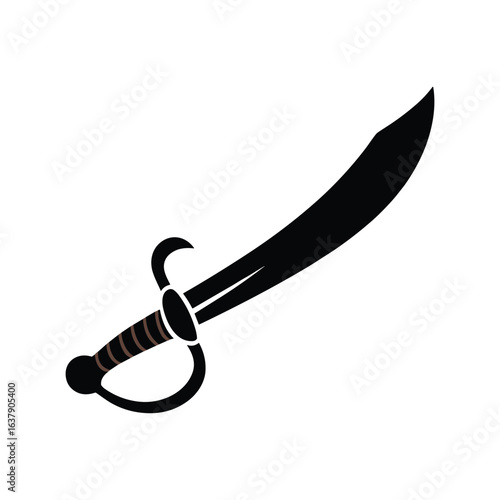 Pirate cutlass silhouette icon, curved saber blade with guard, vintage buccaneer weapon vector illustration isolated on white, nautical adventure swashbuckler theme design.