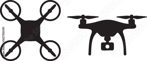 Minimal drone icon set with camera and propellers flat design