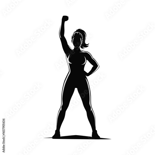 Strong confident woman silhouette raising fist in victory, female empowerment athlete standing power pose, fitness motivation, determination, success, feminist concept vector.