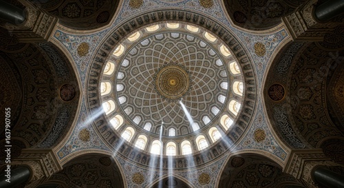 Celestial Sunbeams Illuminate an Ornate Mosque Dome with Intricate Islamic Art