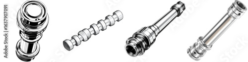 Collage of car engine parts, camshaft and crankshaft, high quality photos, transparent background, PNG, perfect for technical publications, online stores and advertising.
