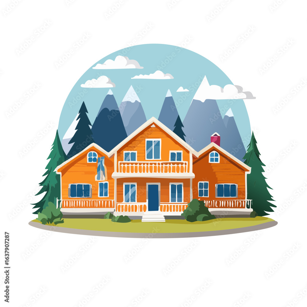 Naklejka premium Chalet House in Mountain Landscape Vector Illustration Home Building Scenery