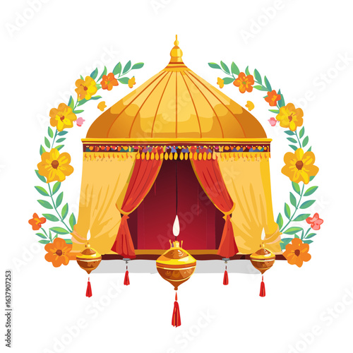 Golden tent with red curtains floral wreath and candle lanterns festive fairytale Arabian Nights concept