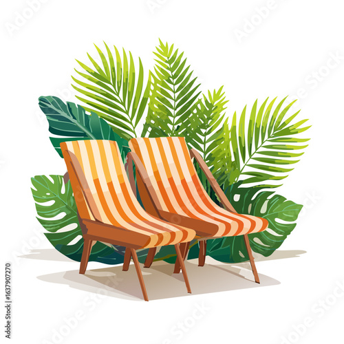 Summer vacation illustration with beach chairs and tropical leaves Relaxation and holiday getaway concept Exotic foliage and striped deck chairs