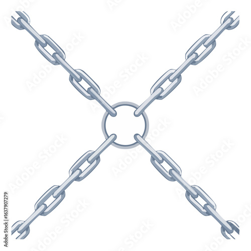 Linked metal chains intersecting with a central white circle on a black background