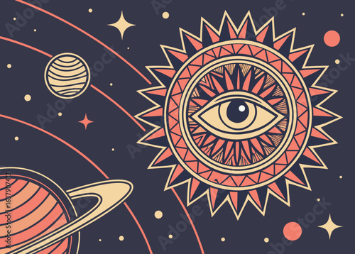 All Seeing Eye Sun and Planets Cosmic Art eye of providence