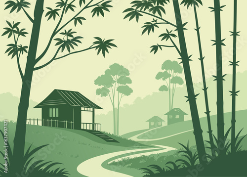 Asian village with bamboo and traditional houses in misty landscape