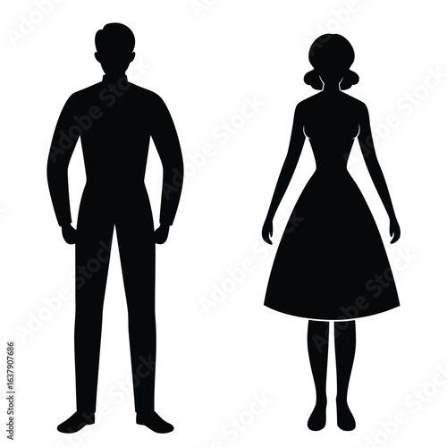 Simple elegant black silhouettes of a man and woman, standing formally, full-length, minimalist vector illustration, perfect for presentations or website design.