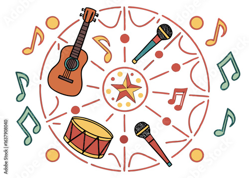 Music performance wheel with guitar drum and microphones Keywords: music, guitar, drum