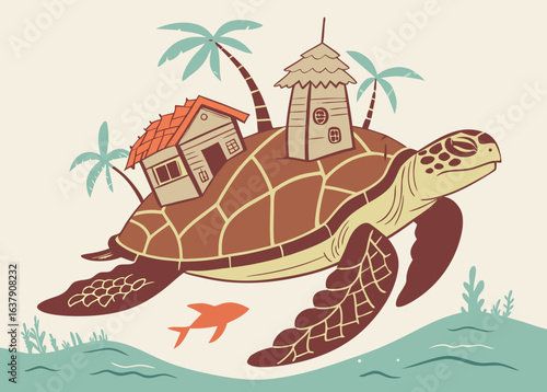 Sea turtle carrying a tropical island with houses and fish