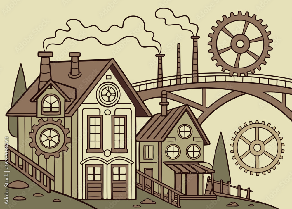 Obraz premium Steampunk village with gears and smokestacks industrial