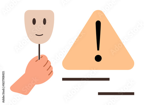 Hand gripping mask with facial features beside yellow warning triangle. Ideal for identity, deception, caution, alert, fraud, awareness campaigns, cybersecurity. Minimalist flat metaphor