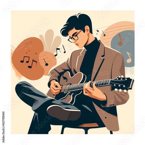 Stylish Flat Vector Illustration of Male Jazz Guitarist Playing Music