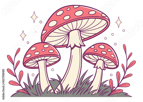 Three red and white spotted mushrooms with sparkling stars