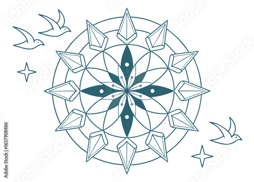 Teal birds and geometric compass mandala with stars