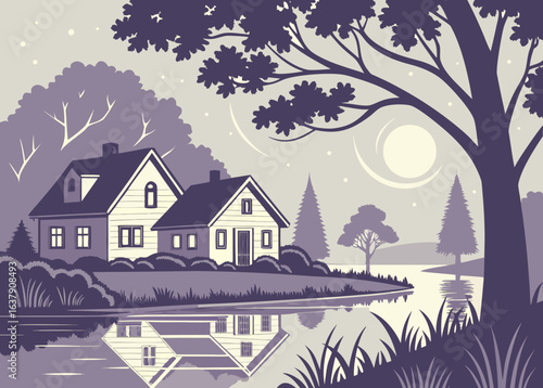 Tranquil lakeside scene with houses and trees in purple tones