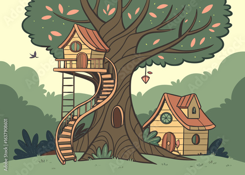 Whimsical Treehouse Village with Spiral Staircase fantasy