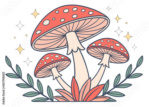 Whimsical red and white mushrooms with green leaves and yellow stars